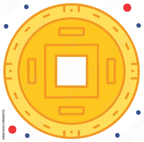Vector illustration of a traditional Chinese lucky gold coin, a symbol of wealth, fortune, and prosperity