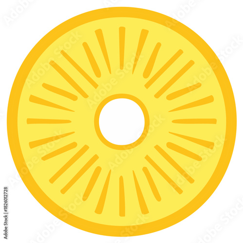 Flat vector yellow pineapple slice with center hole and segmented inside for summer designs.