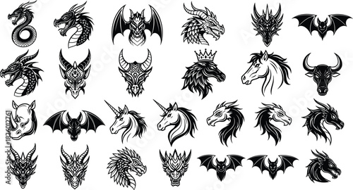 Fantasy creature vector icon collection, dragon unicorn animal heads, tribal tattoo style, black graphic emblems, mythical beast silhouettes, heraldic artwork