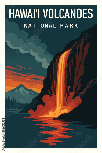 Hawai i Volcanoes National Park Travel Poster Clipart, Vintage USA Park Illustration, Retro Landscape Art, Hawai i Volcanoes Wall Decor ClipArt
