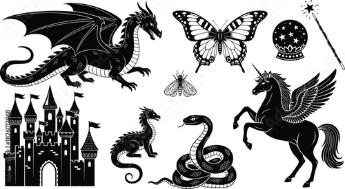 Fantasy symbol vector illustration set, dragon unicorn castle wand icons, black silhouette emblems, magical creature designs, mythical graphic collection