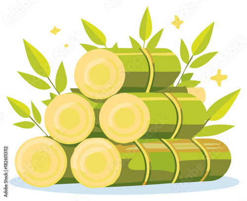 Stacked Sugar Cane Stalks with Leaves Illustration for Sugar Production and Sweeteners