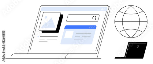 Laptop displaying webpage elements including search bar and media thumbnails, alongside a globe symbol and a closed laptop. Ideal for technology, browsing, SEO, networking, innovation, connectivity