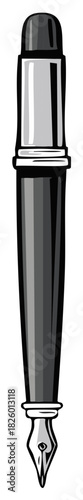 Stylized Illustration of a Grey Fountain Pen with Black Outline, Drawing Tool and Writing Instrument