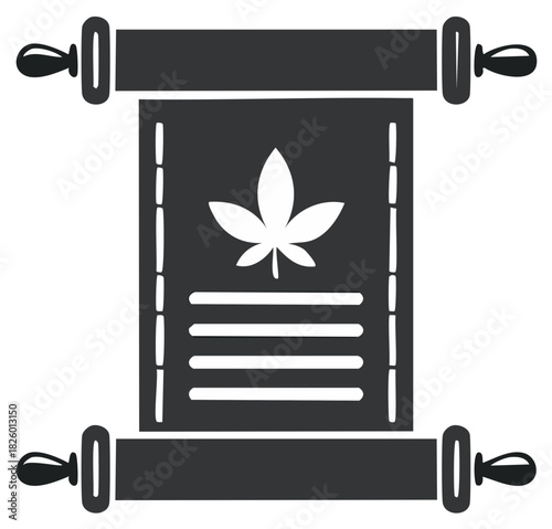 Scroll with cannabis leaf symbol and lines. Flat vector icon illustration.