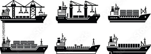 cargo, ship, silhouette, container, tanker, maritime, transport, logistics, ocean, sea, black, white, illustration, design, vessel, port, freight, export, import, global, trade