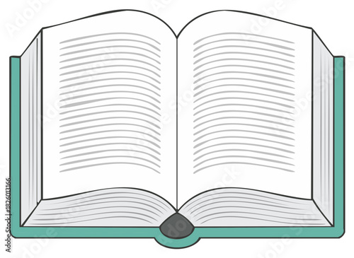 Open blank book with teal cover and grey lined pages on a white background, educational concept.