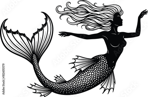 Mermaid silhouette vector illustration, mythical sea creature artwork, black aquatic icon, fantasy ocean design, graceful swimming pose, detailed tail fin graphic