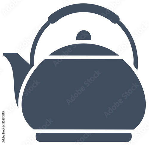 Simple navy blue teapot icon on white, minimal kettle design with curved handle and spout for graphic design elements