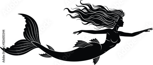 Mermaid silhouette vector illustration, mythical sea creature design, black aquatic icon, fantasy ocean artwork, graceful swimming pose, marine-themed graphic element