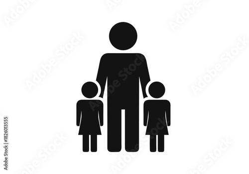 A minimalist silhouette icon of a single father standing with his two daughters. A simple vector graphic representing family, single parenthood, and parental love