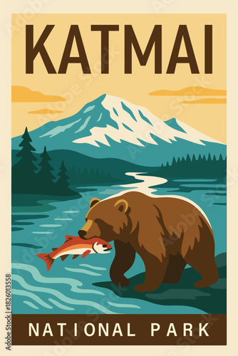 Katmai National Park Travel Poster Clipart, Vintage USA Park Illustration, Retro Landscape Art, Katmai Wall Decor ClipArt
