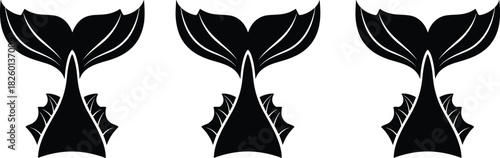 Set of three identical black silhouette mermaid tail vector illustrations, mythical fantasy sea creature aquatic fin flukes decorative element design on white background, minimal style logo graphic