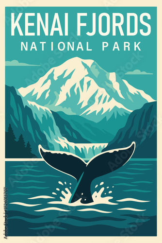 Kenai Fjords National Park Travel Poster Clipart, Vintage USA Park Illustration, Retro Landscape Art, Kenai Fjords Wall Decor ClipArt

