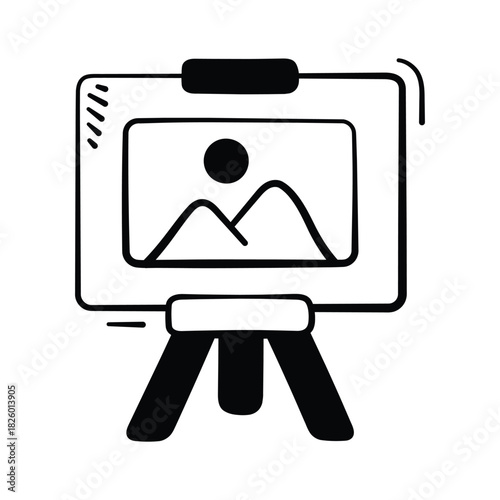 Creative art easel with canvas for painting, trendy doodle icon