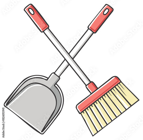 Crossed broom and dustpan cartoon illustration. Cleaning tools symbol for cleanup.