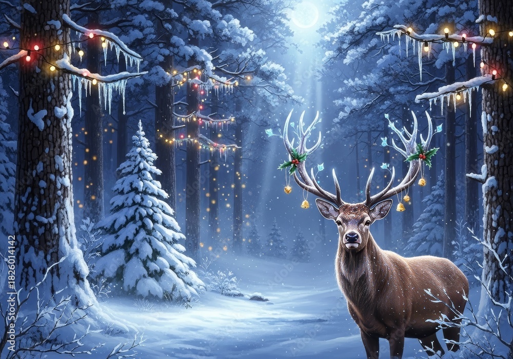 Obraz premium deer with frosted antlers in snowy winter forest illuminated by lantern light and fairy lights. Magical Christmas scene for holiday greeting cards, seasonal wallpapers or winter wonderland art.
