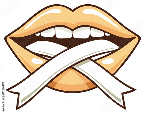 Vivid cartoon illustration of glossy golden lips and white teeth sealed by a blank white ribbon.