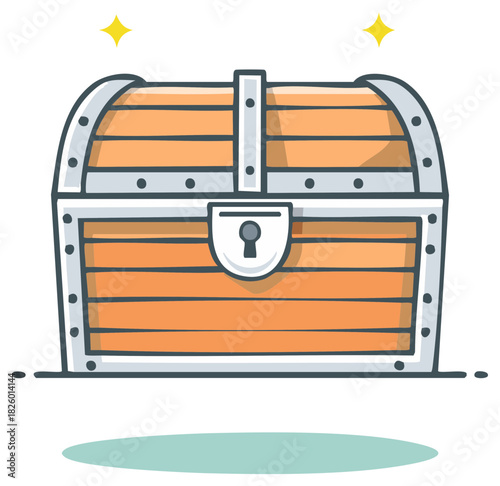 Cartoon illustration of a closed and locked wooden pirate treasure chest with shiny sparkles