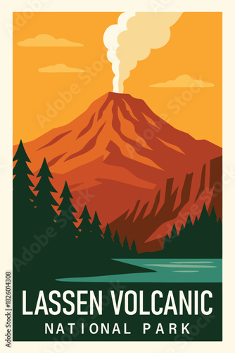 Lassen Volcanic National Park Travel Poster Clipart, Vintage USA Park Illustration, Retro Landscape Art, Lassen Volcanic Wall Decor ClipArt
