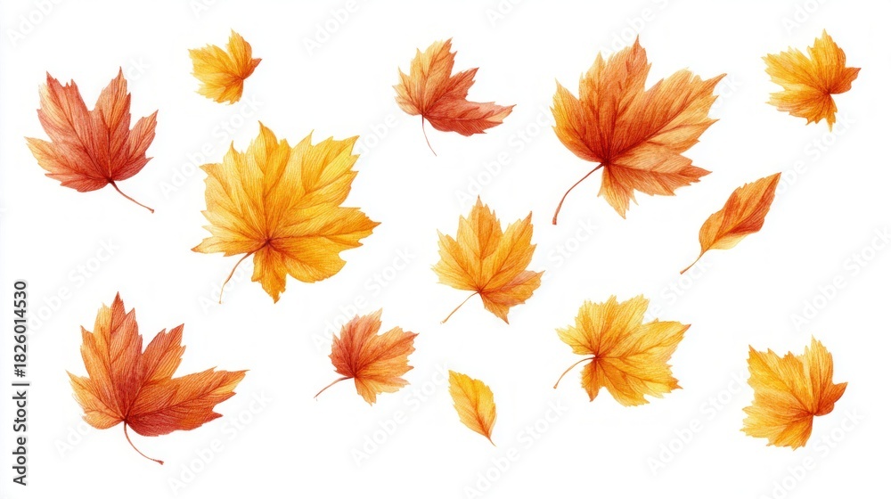 Obraz premium Watercolor illustration of autumn maple leaves in shades of gold and red