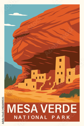 Mesa Verde National Park Travel Poster Clipart, Vintage USA Park Illustration, Retro Landscape Art, Mesa Verde Wall Decor ClipArt
