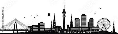 city, skyline, silhouette, architecture, urban, buildings, tower, bridge, ferris, wheel, balloon, birds, black, white, illustration, design, modern, historic, landmark, scenic