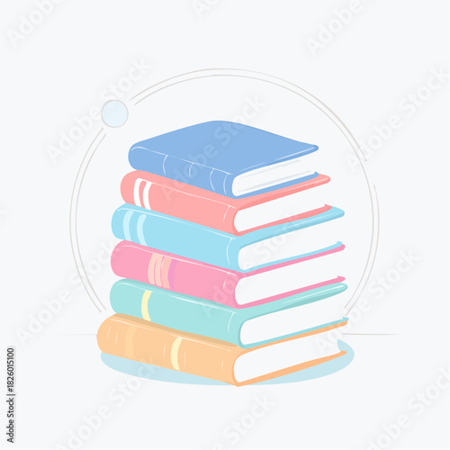 Stack Of Six Colorful Books With Blue Cover Atop On A White Background With Subtle Circle Design And Light Blue Bubble Floating