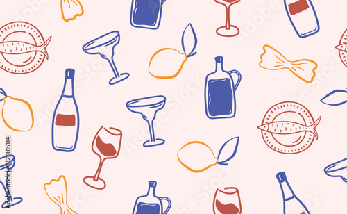 Whimsical hand drawn Italian food seamless pattern. Blue, yellow, red chalk crayon sketch dish with pasta, bottle wine, lemon, fish, ingredients for Italy menu, wedding, cafe. Doodle Vector illustrati