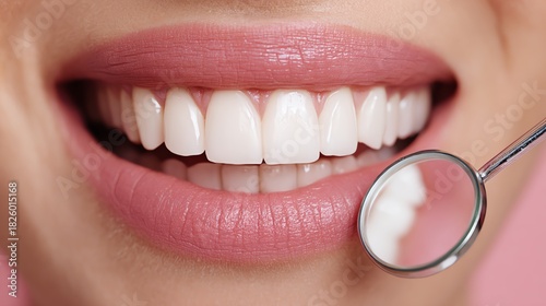 A close-up image of a smiling woman showcasing bright, white teeth. A dental mirror reflects a perfect smile, emphasizing dental health and hygiene. Ideal for dental care themes.