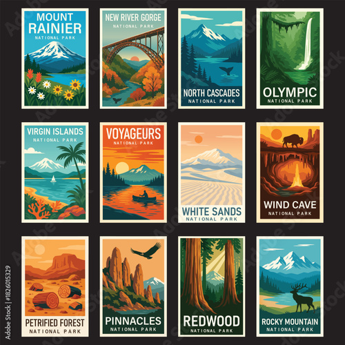 Collection Of National Park Travel Poster Clipart, Vintage USA Park Illustration, Retro Landscape Art, Wall Decor ClipArt
