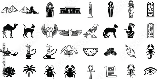 egypt, ancient, culture, symbol, icon, silhouette, pharaoh, pyramid, sphinx, scarab, temple, history, black, white, illustration, design, mythology, artifact, tradition, heritage