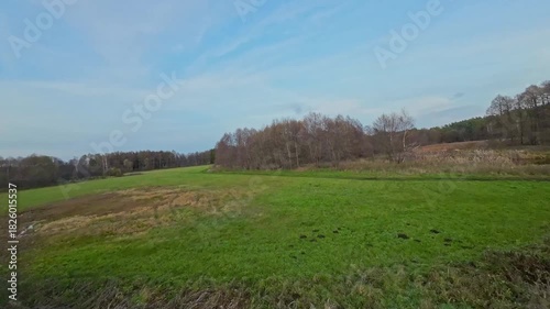A low and fast drone flight over a river and meadow.