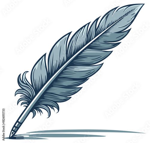 Blue Ink Feather Quill Pen Writing Instrument Illustration on White