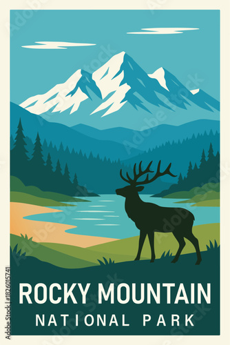 Rocky Mountain National Park Retro Travel Poster Clipart, Vintage USA Park Illustration, Landscape Art, Rocky Mountain Wall Decor ClipArt
