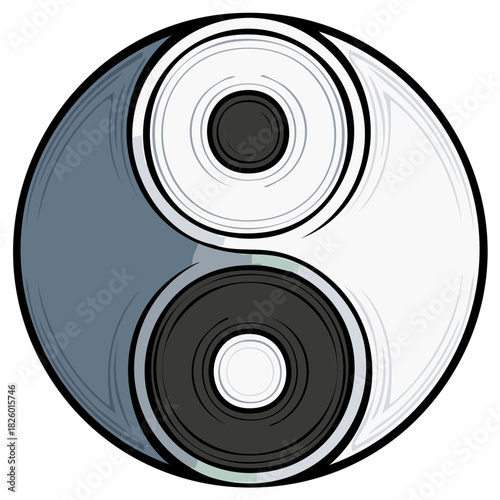 Modern stylized yin yang symbol illustration with circular concentric patterns