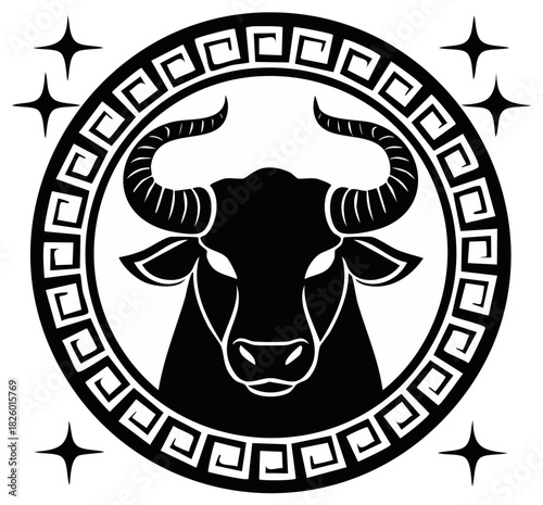 Stylish Black Taurus Zodiac Sign with Ancient Greek Key Border and Starry Accents