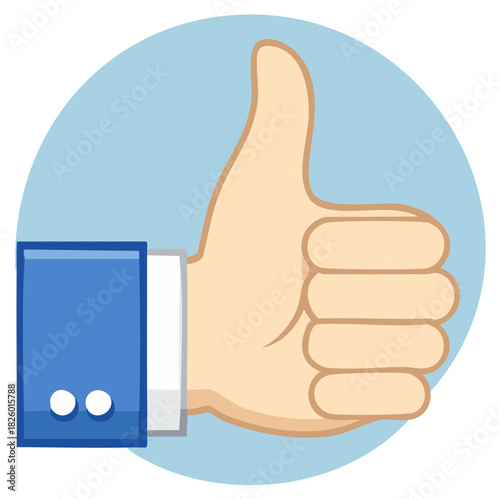 Cartoon hand giving thumbs up gesture within a blue circle. Concept of approval and agreement.