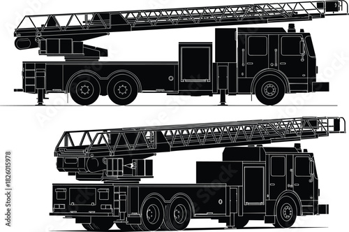 fire, truck, ladder, vehicle, silhouette, black, white, illustration, design, emergency, rescue, equipment, machinery, technical, schematic, engineering, urban, service, firefighting, apparatus