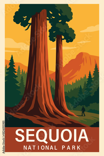 Sequoia National Park Retro Travel Poster Clipart, Vintage USA Park Illustration, Landscape Art, Sequoia Wall Decor ClipArt
