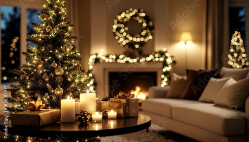 christmas tree with candles and gifts