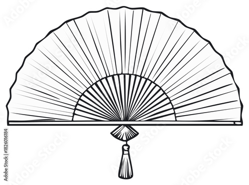Black and white line art illustration of a traditional open folding hand fan with a tassel
