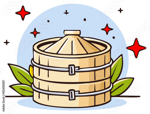 Cute Bamboo Steamer with Leaves and Stars Illustration