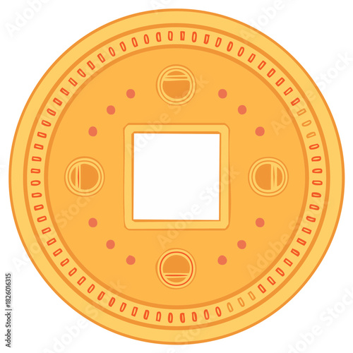Stylized gold Chinese coin with square hole, prosperity symbol and antique lucky money, wealth emblem, vector