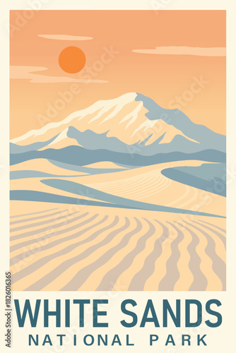 White Sands National Park Retro Travel Poster Clipart, Vintage USA Park Illustration, Landscape Art, White Sands Wall Decor ClipArt
