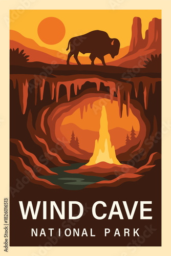 Wind Cave National Park Retro Travel Poster Clipart, Vintage USA Park Illustration, Landscape Art, Wind Cave Wall Decor ClipArt
