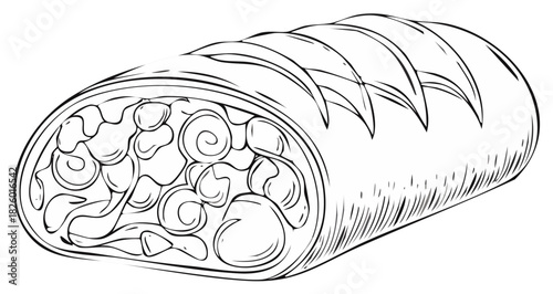 Black and white line art illustration of a savory burrito or food wrap cut open to show its hearty fillings inside