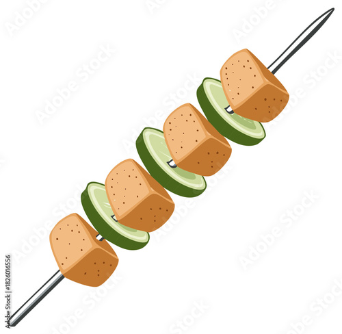 Vegetarian Skewer Illustration: Tofu Cubes and Cucumber Slices on a Skewer