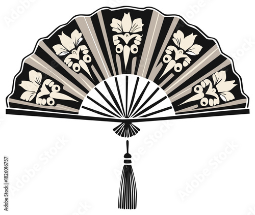 Elegant Traditional Asian Folding Fan with Floral Patterns and Decorative Tassel