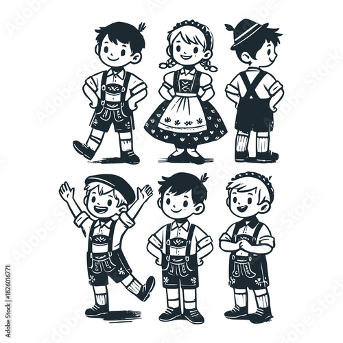 Children's line scribble of playful kids wearing lederhosen and dirndls